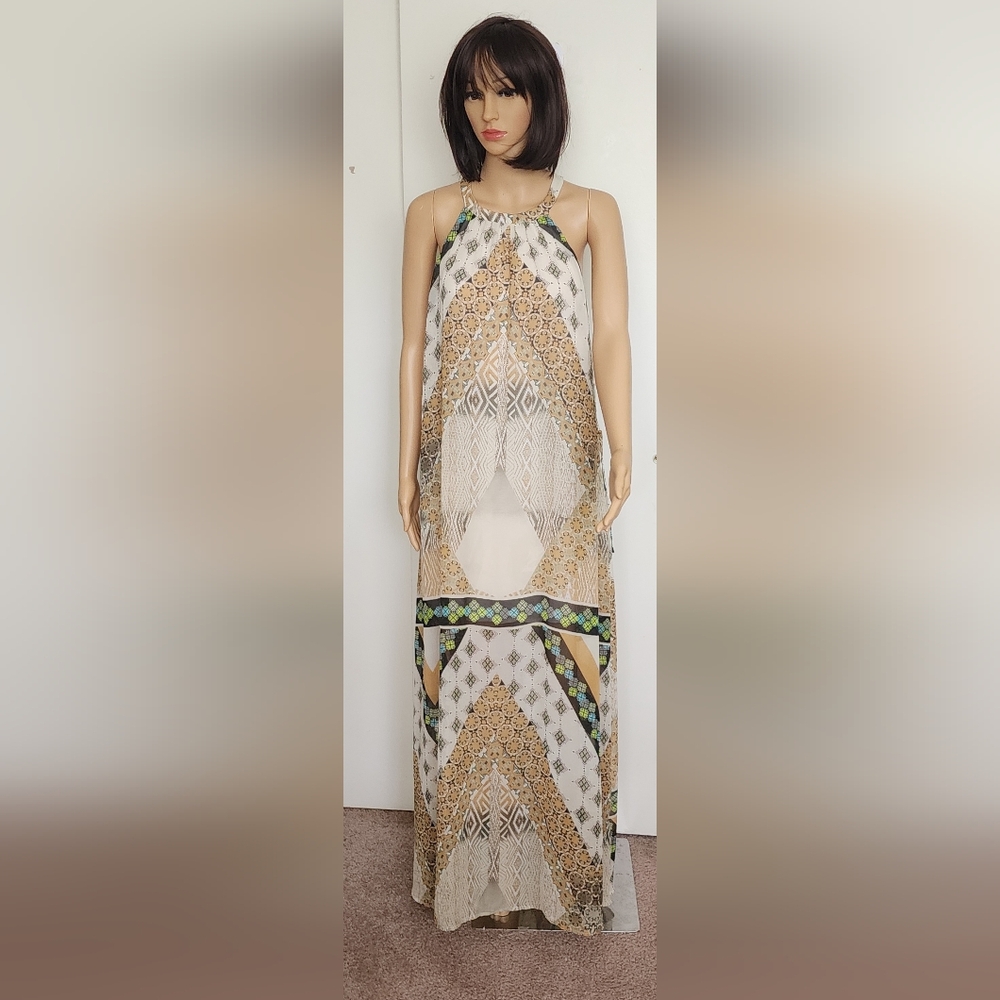 Bar III Cream and White Buttoned Halter Maxi Sundress